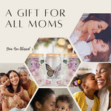 A gift for all moms. A photo of mothers and their children with an image of a glass can gift. All SKUs. 