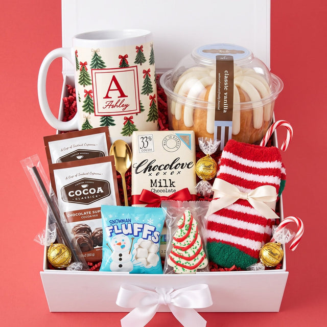 A Very Merry Birthday Christmas Gift Box for Her with Bundt Cake - Gifts Are Blue