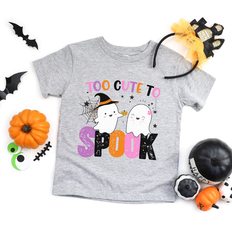 Adorable heather grey Girls Halloween shirt, perfect for school, photo ops, and Halloween events.