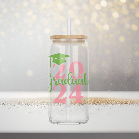 Class of 2024, Clear 16oz 2024 Graduate Glass Can with multi-colored (Green and Pink) 2024 Graduate design. Perfect grad gift for her. allSKUs