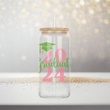 Class of 2024, Clear 16oz 2024 Graduate Glass Can with multi-colored (Green and Pink) 2024 Graduate design. Perfect grad gift for her. allSKUs