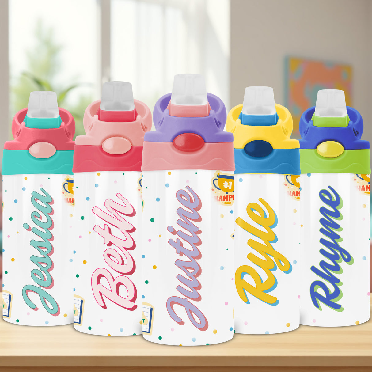 Personalized affirmation water bottle with name for kids featuring custom positive messages and flip top lid, perfect for back to school essentials.