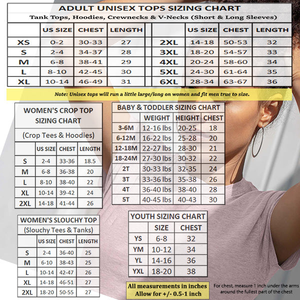 Size chart for Adult unisex tops including tank tops, hoodies, crewnecks, vnecks, long sleeves and more.  Also shows sizing for Baby, Toddler and Infant shirts. all SKUs
