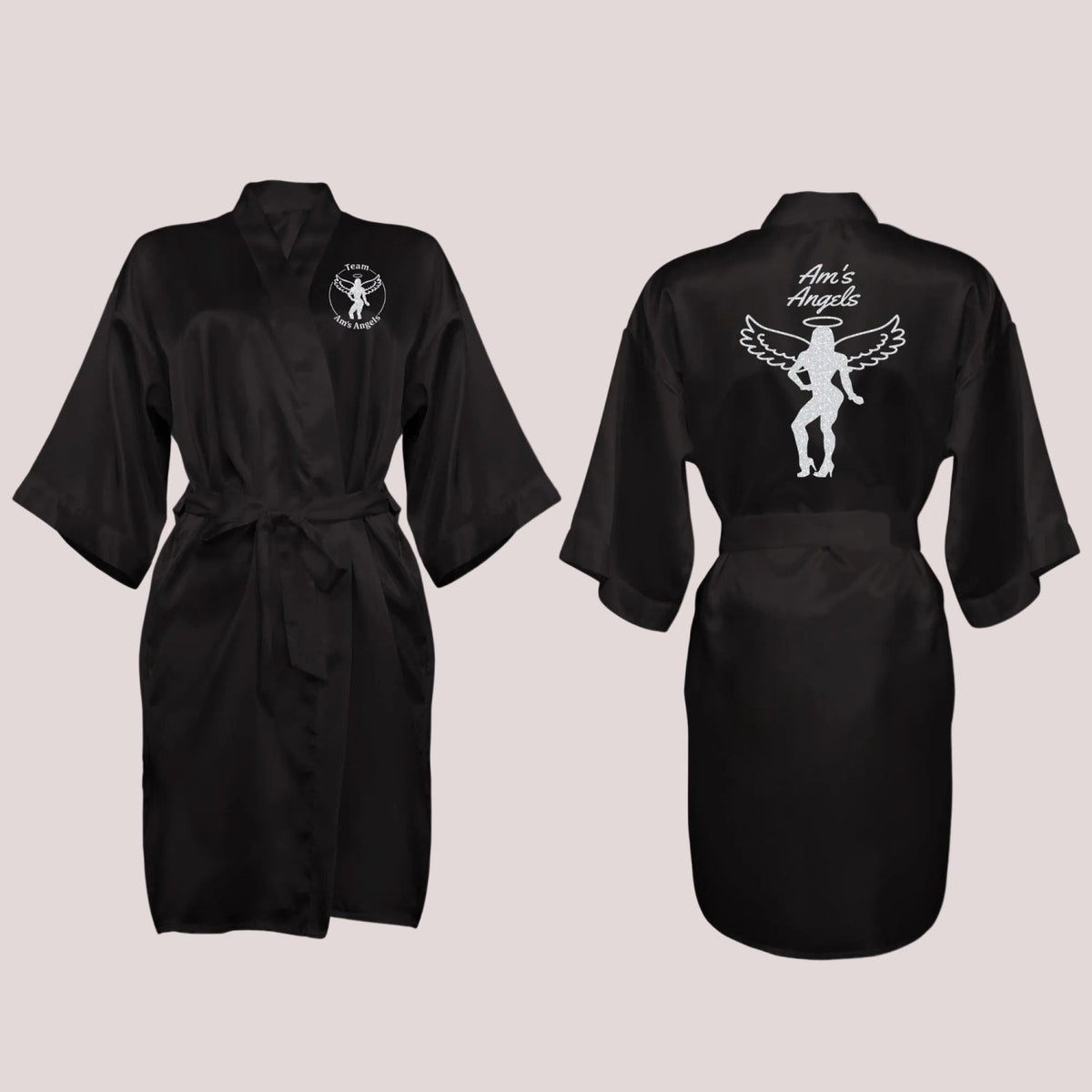 Custom Black Satin Robe with Logo - Am's Angels - Gifts Are Blue