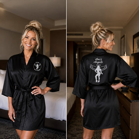 Custom Black Satin Robe with Logo - Am's Angels - Gifts Are Blue