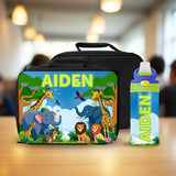 Back to school personalized lunch box and matching water bottle set featuring safari animal design for boys.