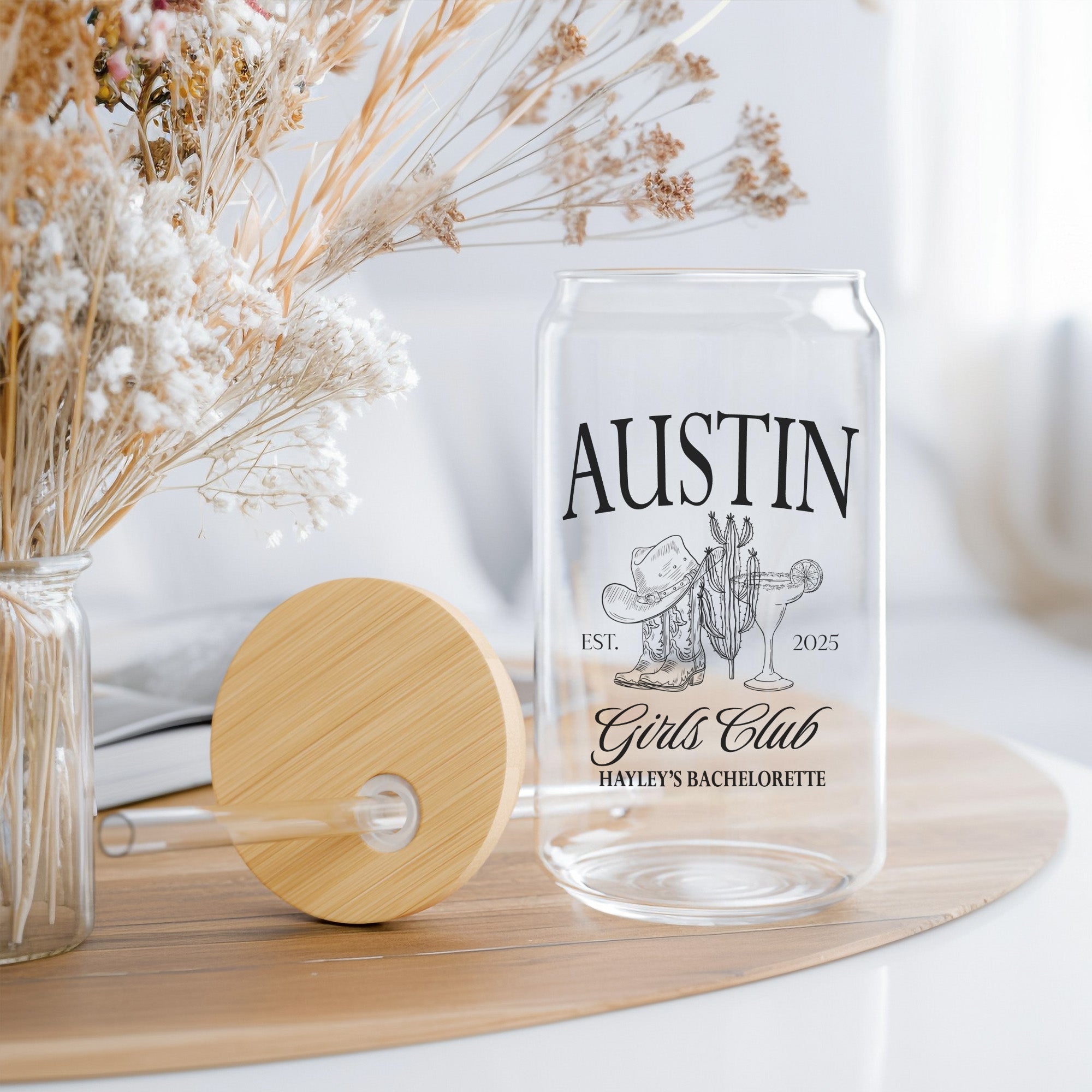 Personalized iced coffee tumbler with custom bride and bridesmaid names and location, perfect for bachelorette party and wedding gifts.