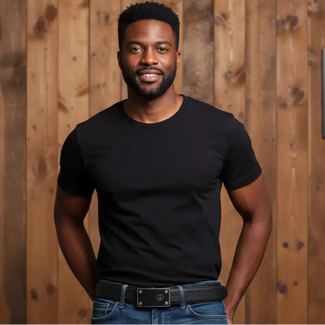 FEDEY Mens Classic Ratchet Leather Belt w PEACE Statement Buckle