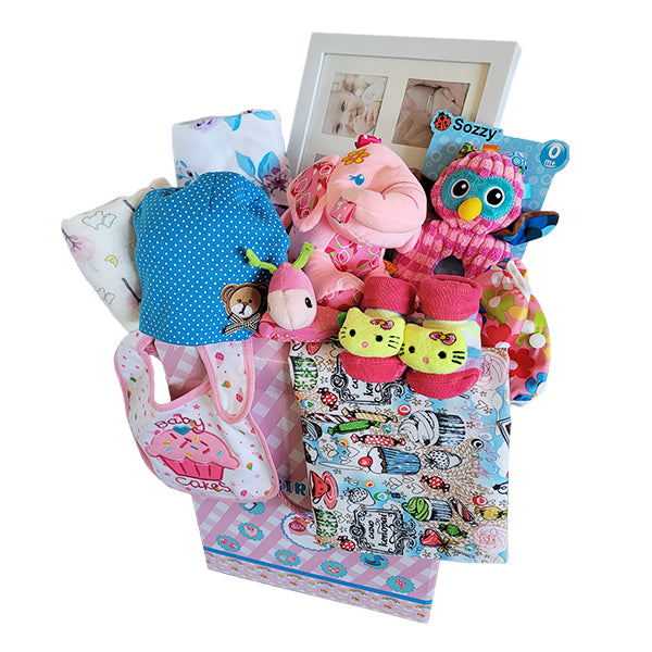 Baby Shower Gift Bundle for Baby Girl.  This gift set includes 12 items for the newborn baby, mom and dad.  Gift to the expecting mom photo frame, swaddle blankets, lullaby toy, baby hat, bibs, socks and more.