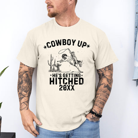 Personalized bachelor party shirt featuring Cowboy Up design, perfect funny bachelor party shirt for grooms and groomsmen.