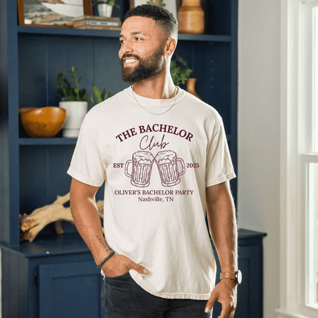 Funny groom shirt for bachelor party. Groomsmen t-shirts with custom names and dates and city.
