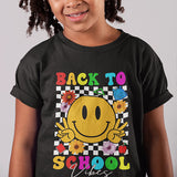 Great first day of school picture shirt with the words Back to School Vibes.  Take the perfect picture of your elementary student on the start of the new school year. all SKUs