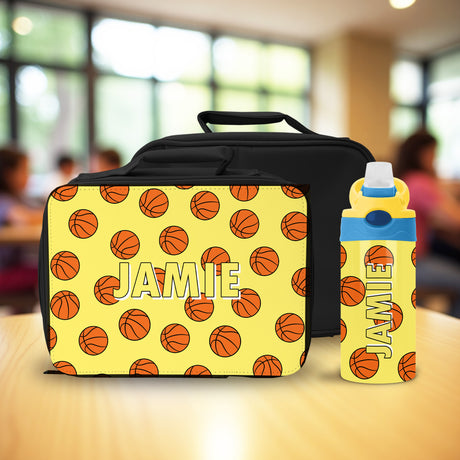 Custom basketball lunch bag and water bottle set for kids with personalized name, perfect for school or sports.