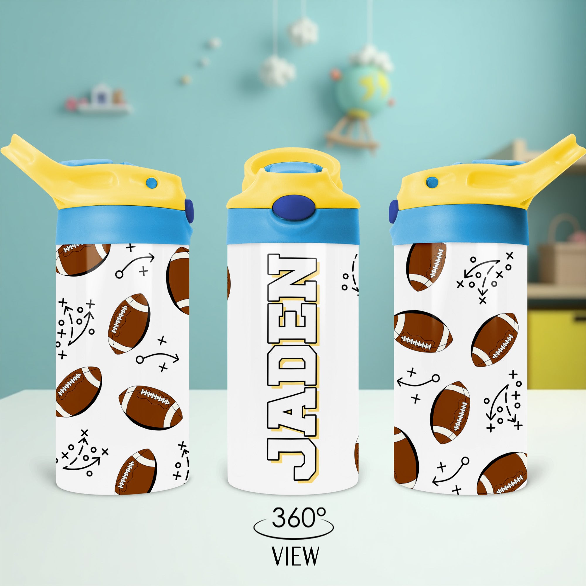 A personalized football tumbler for kids designed with a secure flip lid. This back-to-school custom football cup comes with a convenient flip lid for easy use.