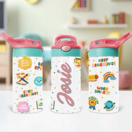 Custom water bottles with names for kids offering positive affirmations and practical design perfect for lunch boxes and backpacks.