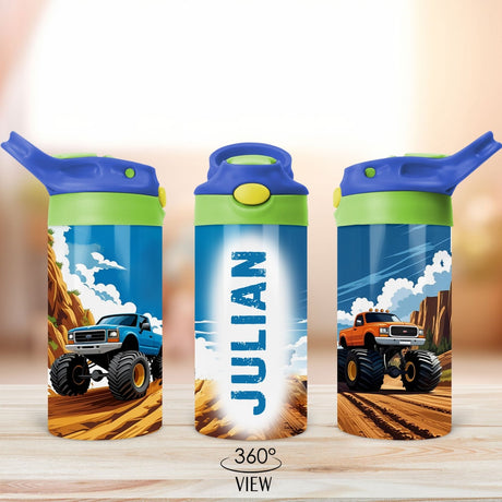 Personalized Monster Truck Lunch Box and Water Bottle Set with Name for Boys - Gifts Are Blue
