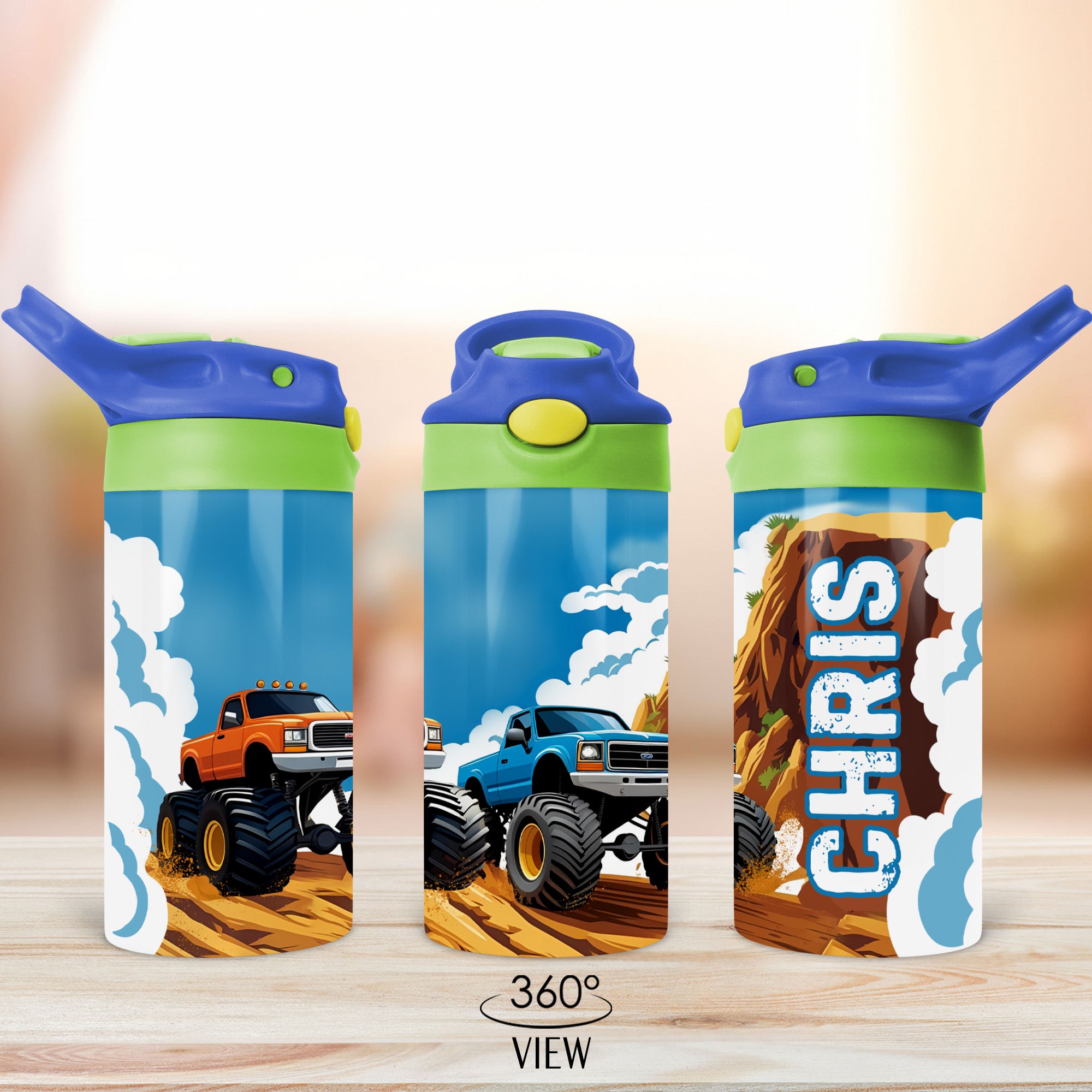 Custom kids water bottle with monster truck design and name, perfect for school or daycare.