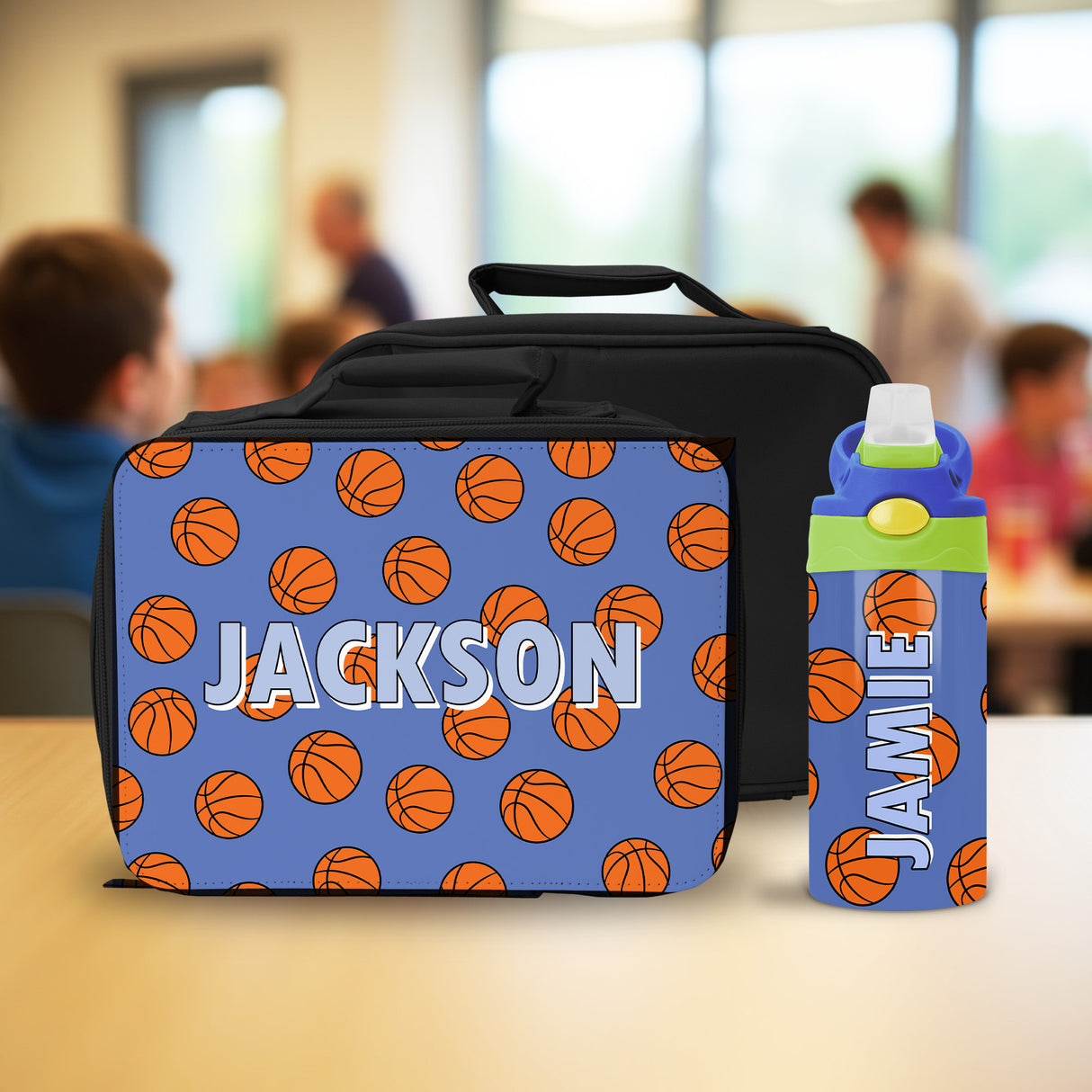 Custom kids basketball lunchbox and water bottle combo with name, reusable set for boys, ideal for back-to-school or birthday gifts