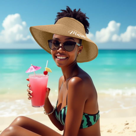 Custom straw sun hats in five colors. Personalize these sun visor hats with name, role, location and more for a unique look.