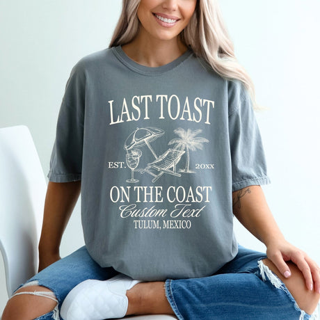 Custom Comfort Colors bachelorette party shirts personalized for the bride and bridesmaids, perfect beachwear outfits for bridal parties.