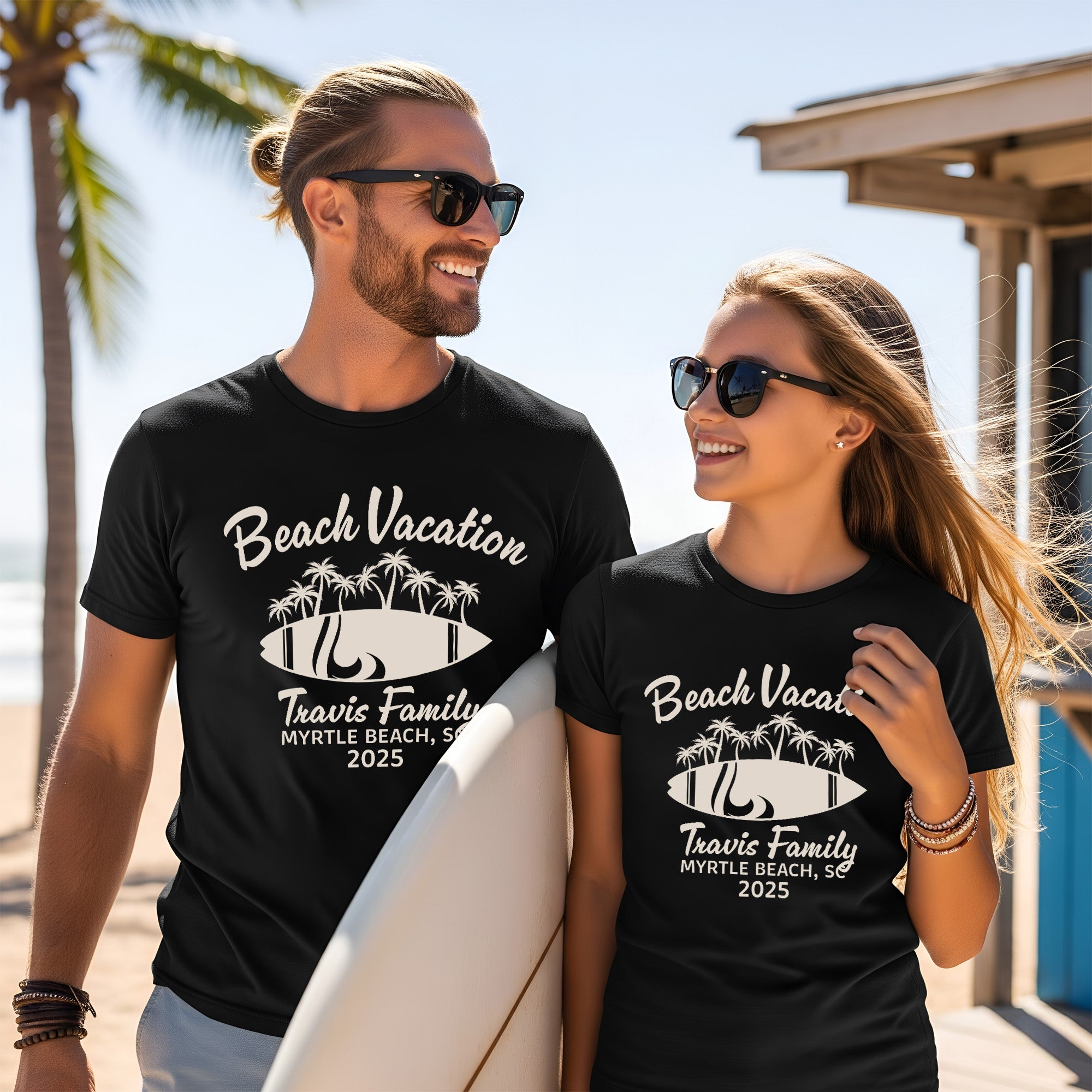 Personalized family beach vacation shirts with custom names, ideal for family trips, reunions, and tropical destinations.