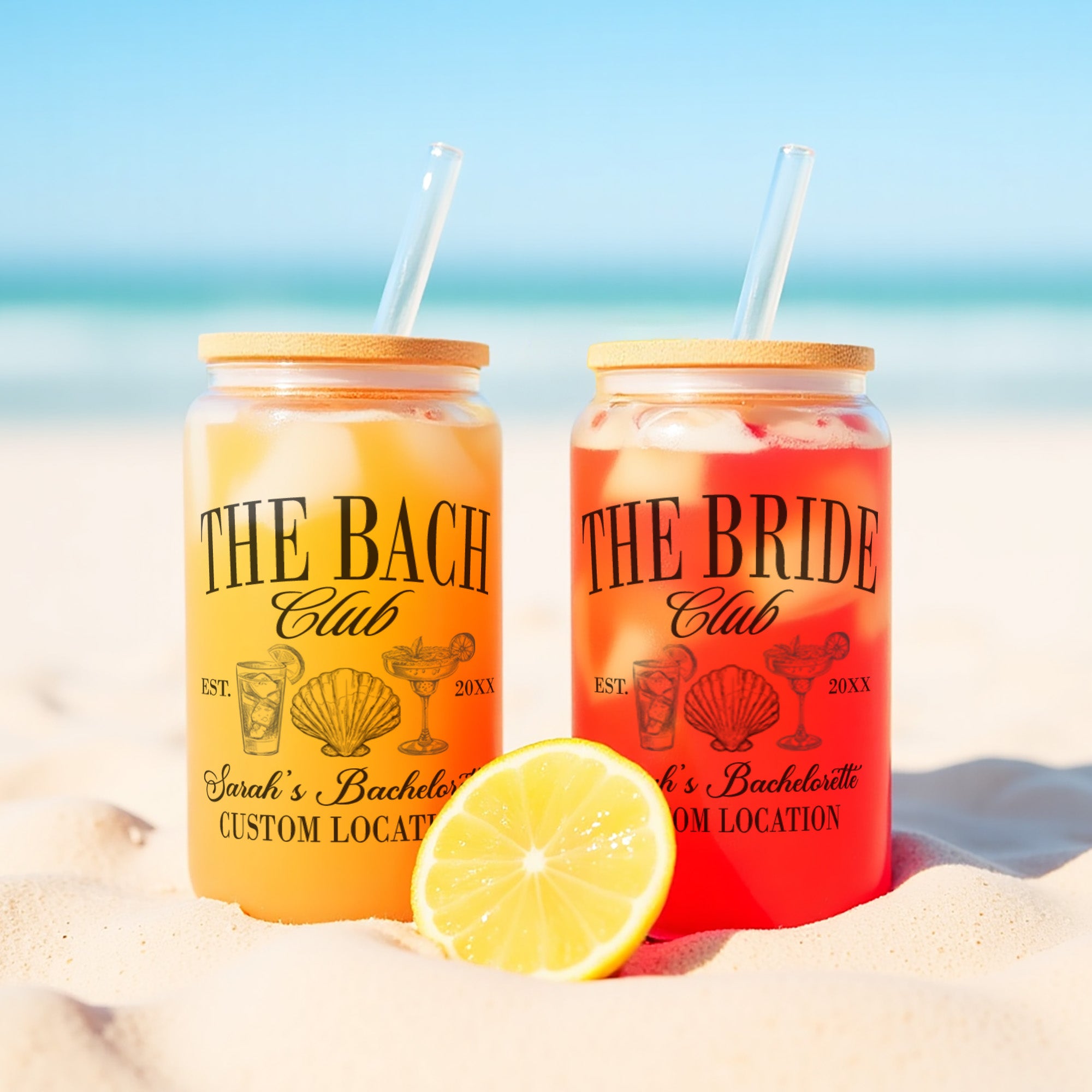 Personalized Beach Club Iced Coffee Cup for Bachelorette Party. Custom Bride and Bridesmaid Glass with Name and Title