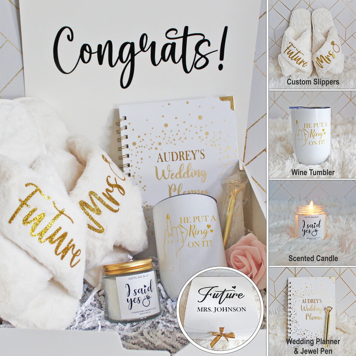 Personalized Gold Engagement Gift Bundle with Fluffy Slippers, Wedding Planner and More - Gifts for Future Mrs - Engagement Gift Idea