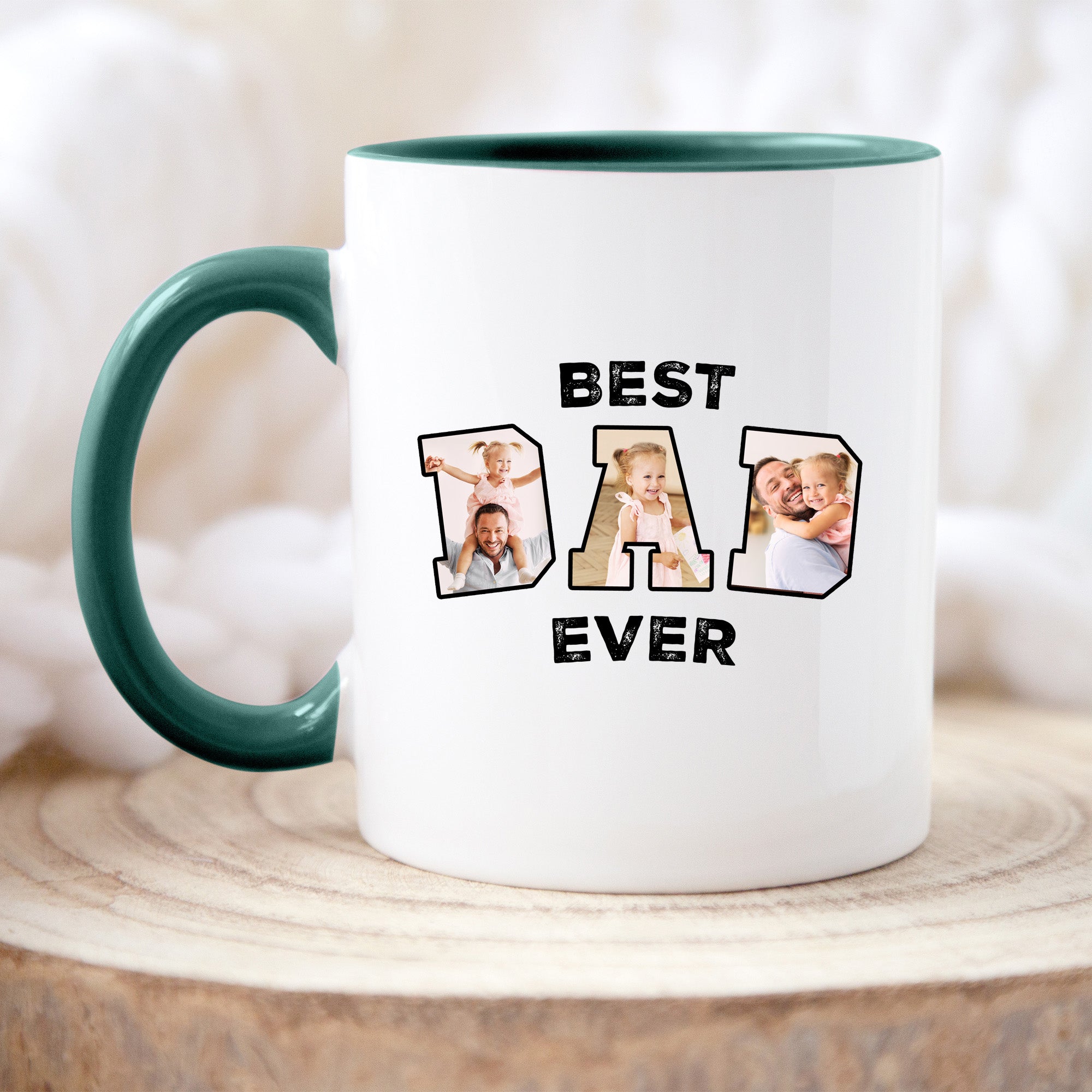 Personalized coffee mug featuring a custom photo and heartfelt ‘Best Dad Ever’ design, perfect gift for dads on Father’s Day or birthdays.