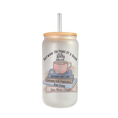 A Lovely Place to Be Is Reading Frosted Iced Coffee Glass Tumbler for Book Lovers - Gifts Are Blue