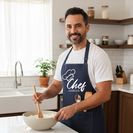 Chef Hat w Name Personalized Apron w Pocket, Custom Gifts for Dad and Grandpa - Gifts Are Blue