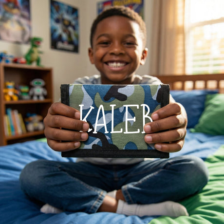 Camo Personalized Wallets for Kids with Name, Gifts for Boys - Gifts Are Blue