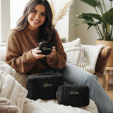 Gift ideas for teen girls and women. Black and gold personalized makeup bag and jewelry box gift set.