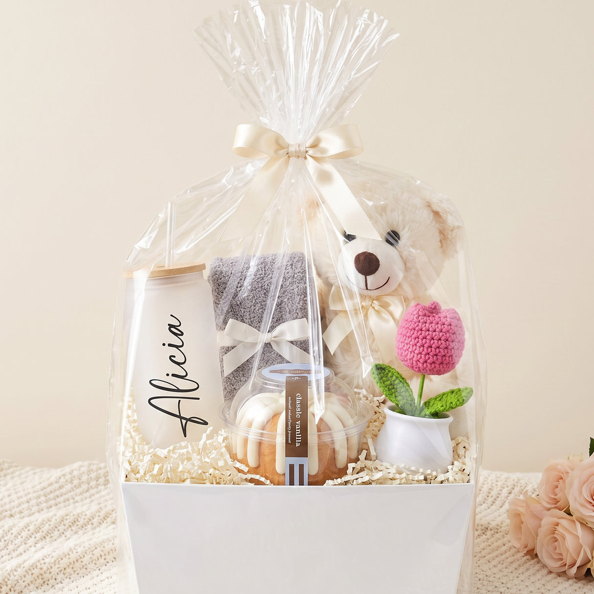 Cozy Cake Break Mom Gift Basket with Bundt Cake, Teddy Bear & Glass Tumbler