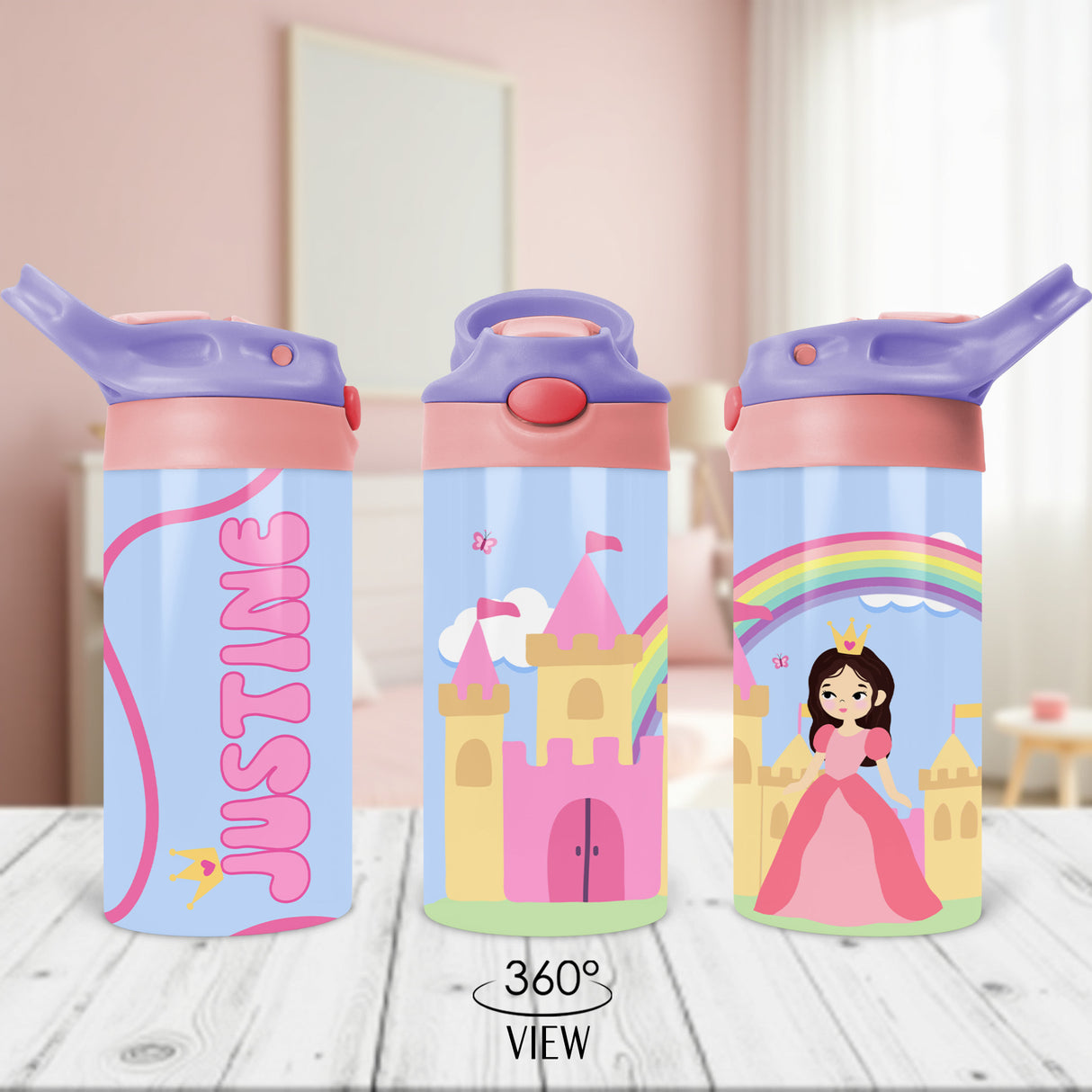 Custom kids water bottle with princess design and personalized name, ideal for classroom use and birthday gift ideas.