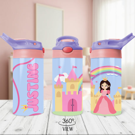 Custom kids water bottle with princess design and personalized name, ideal for classroom use and birthday gift ideas.
