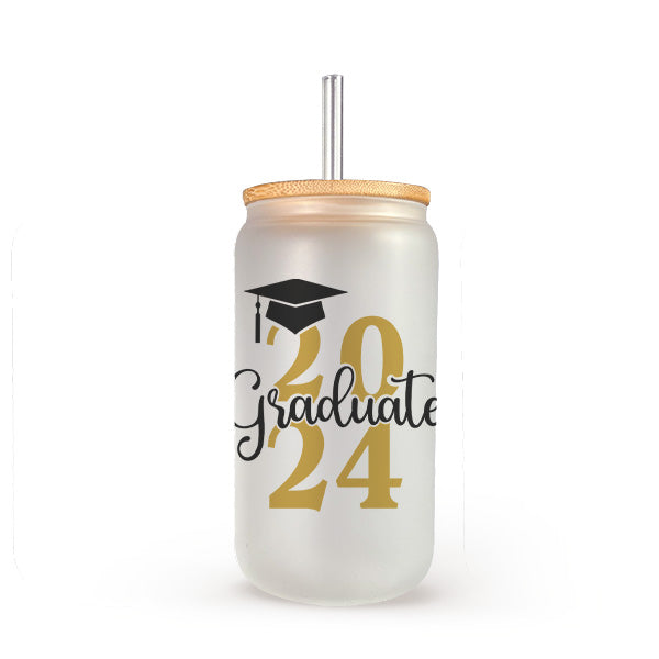 Class of 2024, Frosted 16oz 2024 Graduate Glass Can with multi-colored (Black and Gold) 2024 Graduate design. The perfect gift for him or her. allSKUs