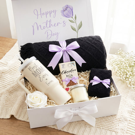 Personalized Mother's Day gifts for mom and grandma. Black and lilac mom gift box.