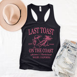 Bride to be and bridesmaid beach tank tops, featuring nautical-inspired Last Toast on the Coast graphics and personalized text.