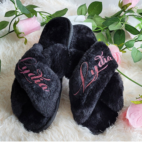 BluChi Personalized Fluffy Slippers for Women/ Bridesmaid & Bride Gift