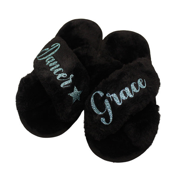 Personalized Fluffy Girls Slippers for Kids Ages 3 to 10 - Non-Skid Open Toed Style - Flower Girl Slippers - Slippers for Birthday Parties