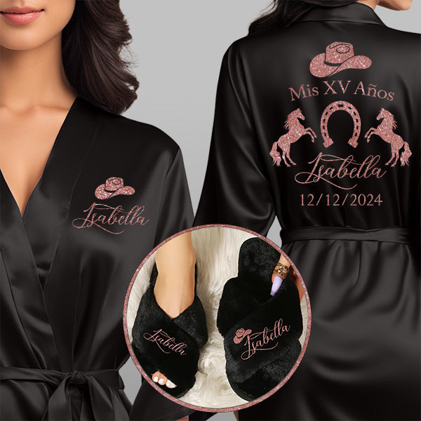 Personalized Mis XV Anos Charro Robe and Slipper Getting Ready Set