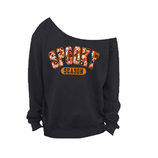 Black Off The Shoulder Spooky Season Halloween Sweatshirt.