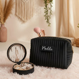 Black makeup bag and jewelry box gift set for teenage girl personalized with name.