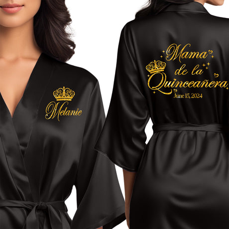 Black robes with gold glitter quince personalizations. Cute mama de la quinceanera satin robes.