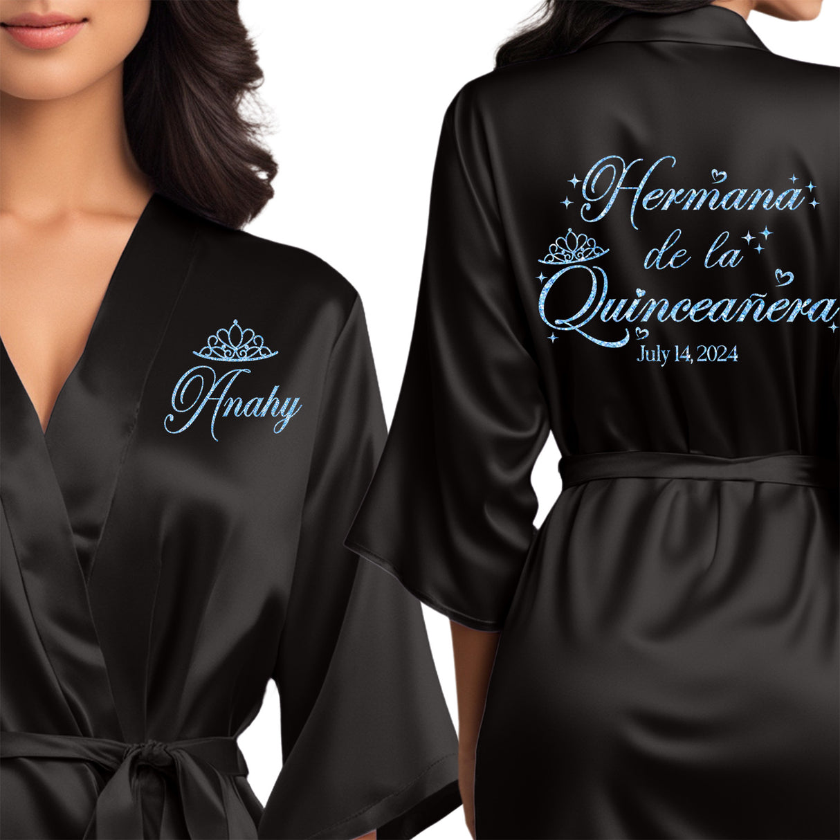 Black robes with light blue glitter. Hermana de la Quinceanera personalized quince robes.