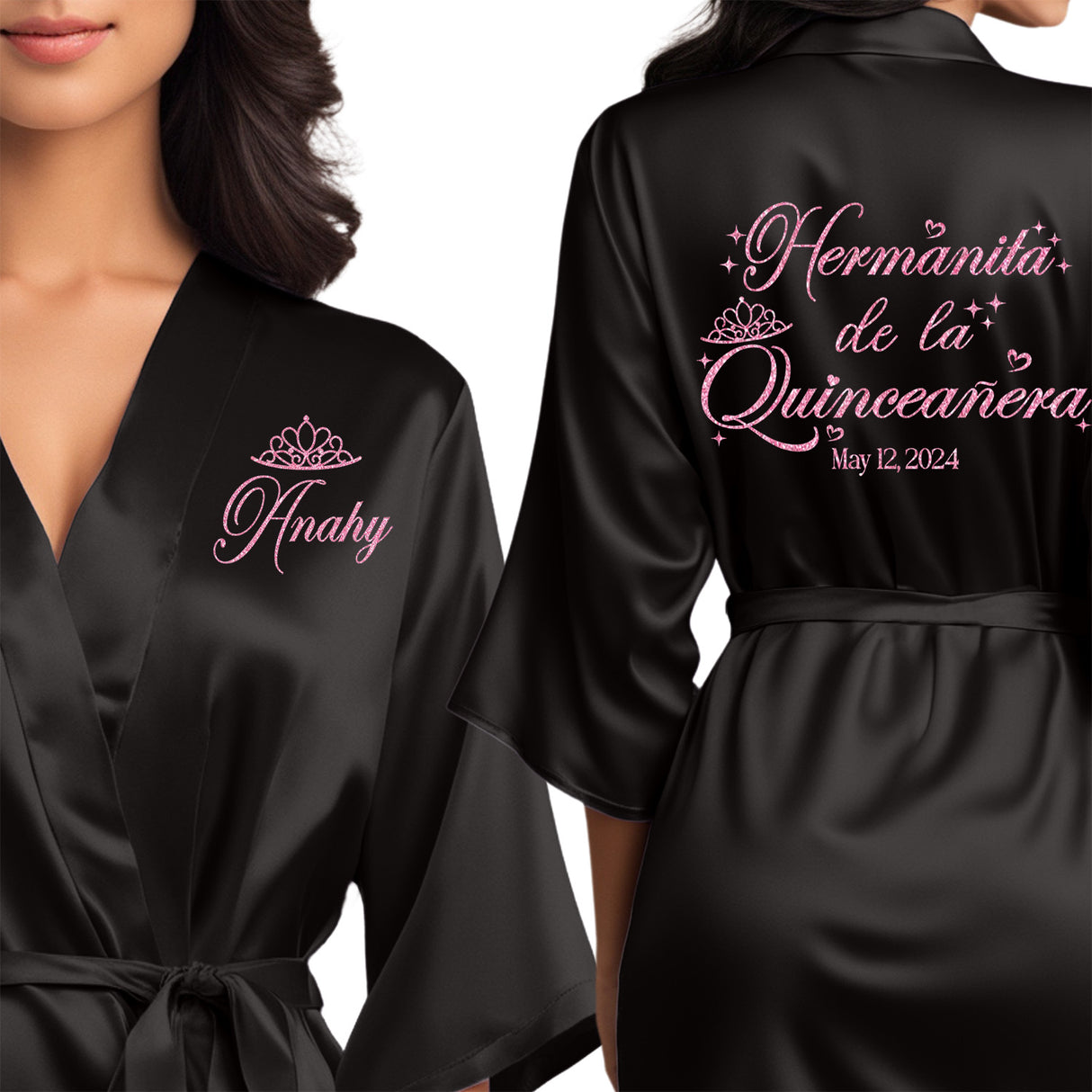 Women's quinceanera satin robes. Personalize with your name and event date. Hermanita de la quinceanera robes for little sister.