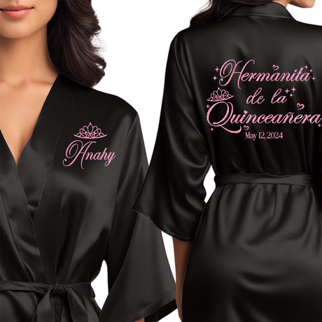 Women's quinceanera satin robes. Personalize with your name and event date. Hermanita de la quinceanera robes for little sister.