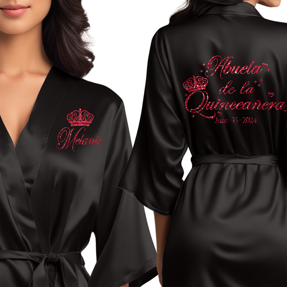 Front and back personalized satin robe at knee length. Abuela de la quinceanera personalized robes.