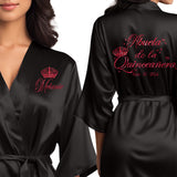 Front and back personalized satin robe at knee length. Abuela de la quinceanera personalized robes.