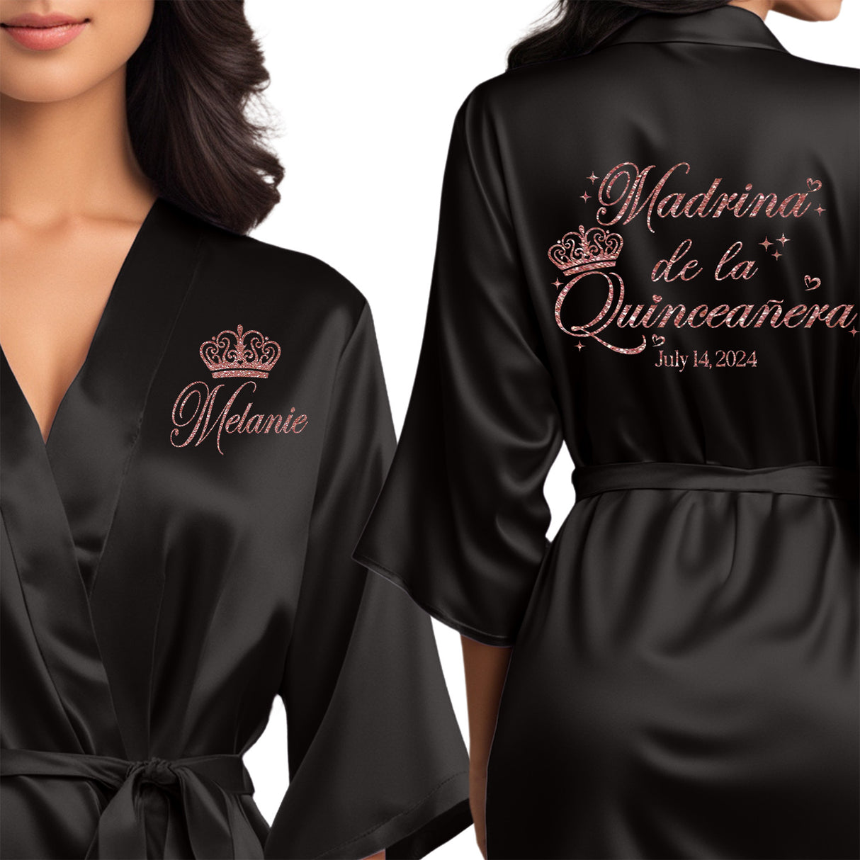 Personalized black quinceanera robes. Cute satin knee length robes for madrina de la quinceanera. 